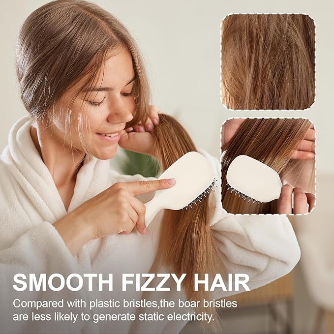 Mini Boar Bristles Hair Bursh, Travel Size Hair Brush for Women Men Kids, Protable Small Hair Brush for Pockets Purses, Mini Detangler Brush for Smooth Add Shine(White)