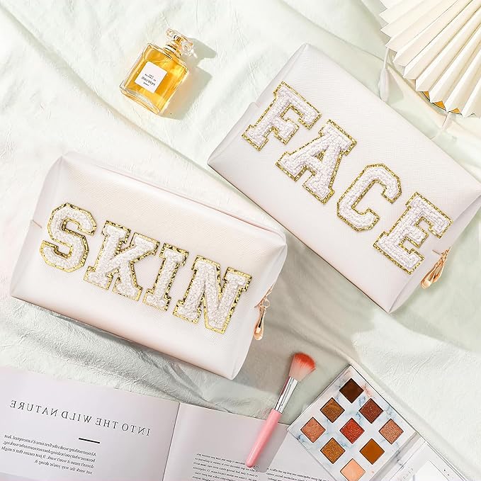 CY2SIDE SKIN Letter Makeup Bag - 2PCS SKIN and FACH Chenille Letter Patch Cosmetic Bag Preppy PU Leather Patch Pouch Waterproof Portable Zipper Travel Organizer Christmas Gifts for Women Girls(White)