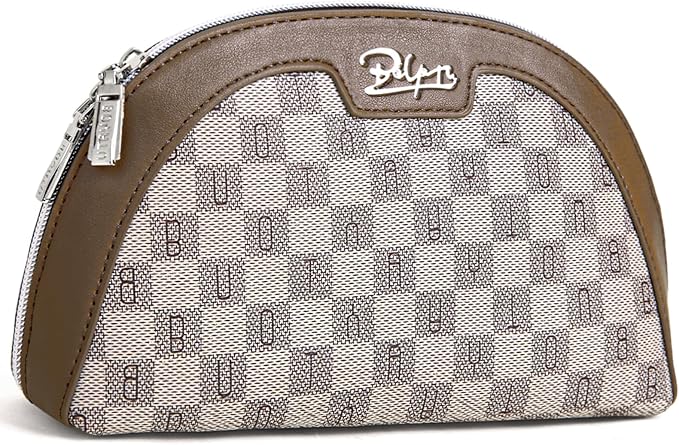 Small Makeup Bag for Purse Cosmetic Bag: Checkered Make up Bag for Women - Cute Preppy Skincare Bags for Evening - Waterproof Travel Pouch for Toiletry Organizer with Mirror & Zipper(023-Light Brown)