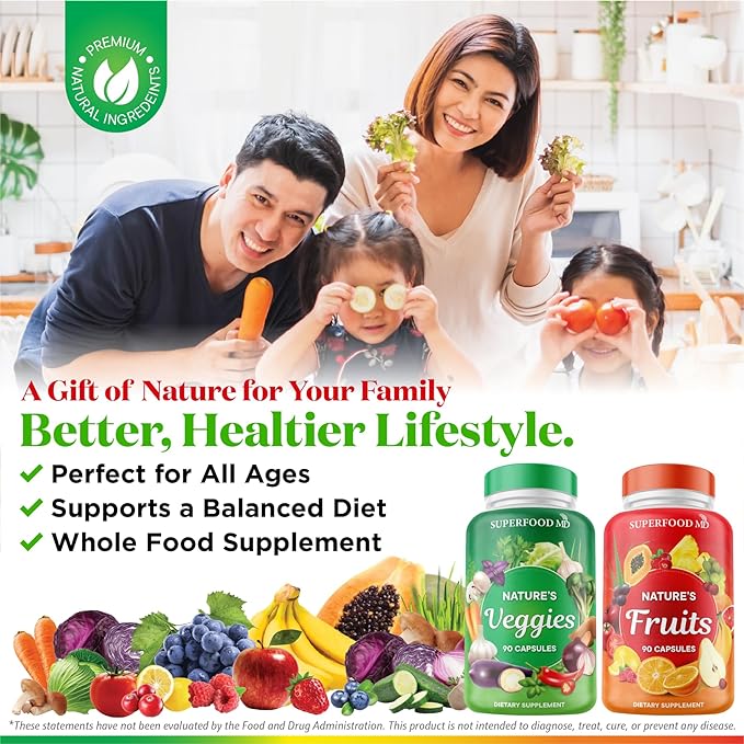 Superfood 180 Fruit and 180 Veggie Capsules -100% Whole Natural Superfood - Maintain Energy Levels, High Lycopene - Grown and Made in The USA (90 Count (Pack of 4)