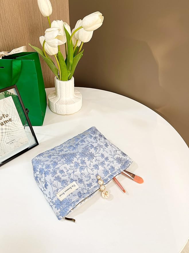 The Summer Swan | Floral Cosmetic Bag|Large Aesthetic Makeup Bag Travel Personal Item Preppy Pouch Skincare (Embroidery Blue)