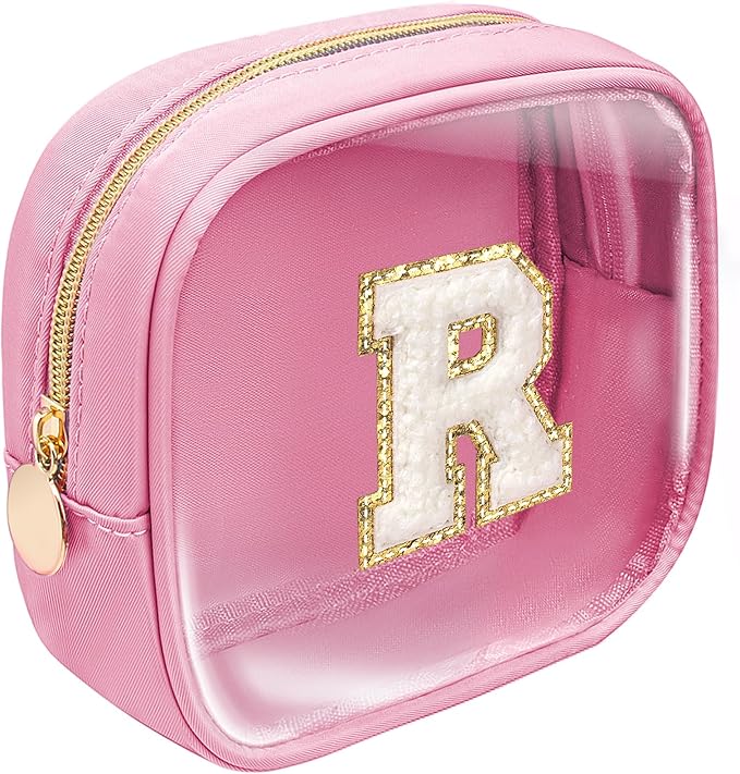 LETGO Initial Mini Makeup Bag | Make Up Bag Travel Toiletry Bag | Clear Makeup Bag | Cute Cosmetic Bags Organizer Travel Essentials Gifts for Women Girlfriend Teacher Brithday Gifts (Pink, R)