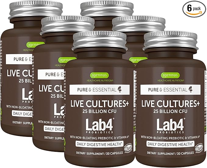 Live Cultures+ Lab4 Probiotics & Prebiotic, Lactobacillus Acidophilus & Bifidobacterium, Guaranteed 25 Billion CFU,Vegan, Non-Bloating Gut Health Support, Non-GMO, 6 x 30 Capsules, by Igennus