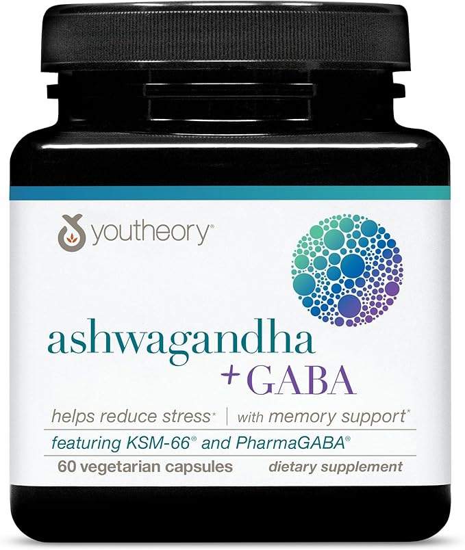 Youtheory Ashwagandha + GABA - 1,000 mg Ashwagandha & 100 mg GABA - Cortisol, Stress & Memory Support Supplement - 60 Vegetarian Capsules