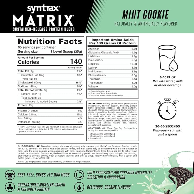 Syntrax Nutrition Matrix Protein Powder, Sustained-Release Protein Blend, Real Cookie Pieces, Mint Cookie, 5 lbs