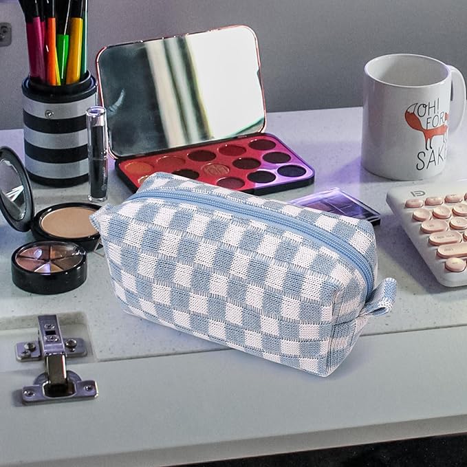 Small Cute Checkered Makeup Bag - Portable Cosmetic Pouch with Zipper, Travel Toiletry Bag, Purse Organizer, Beauty Storage, Blue