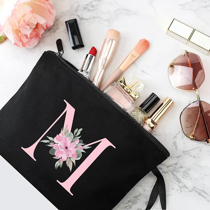 Vavabox A-Z Personalized Makeup Bag, Birthday Gifts for Women Mom, Gifts for Best Friend, Bride Bridesmaid Cosmetic bag (M, Black)