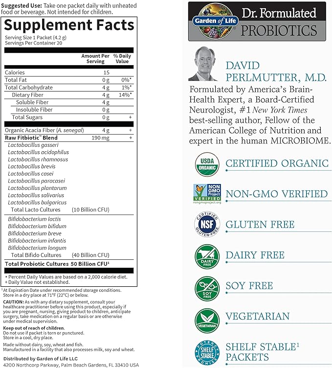 Garden of Life Dr. Formulated Probiotics Fitbiotic Weight Management Powder 50 Billion CFU & Fiber, Organic & Non-GMO Digestive Gut Health Supplement, 3 Oz, Pack of 20