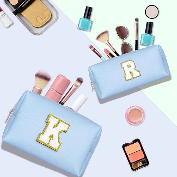 TOPEAST Personalized Gifts Make Up Bag, 2 PCS Monogram Cute Initial Makeup Bag PU Leather Chenille Letters Waterproof Travel Toiletry Bag Personalized Birthday Gifts For Women, Blue A