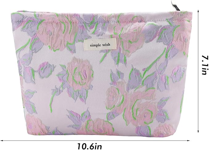 Flower Makeup Bag Travel Large Cosmetic Bag for Women Cute Rose Makeup Pouch Zipper Cosmetic Pouch for Purse Aesthetic Pink Floral Make up Organizer Bag Portable Toiletry Bag