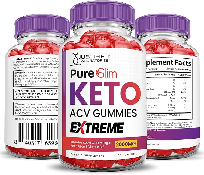 Pure Slim Keto ACV Gummies Extreme 2000MG PureSlim Keto Gummies Advanced Formula Apple Cider Vinegar with Pomegranate Beet Juice Powder B12 Vegan Non GMO 60 Gummys
