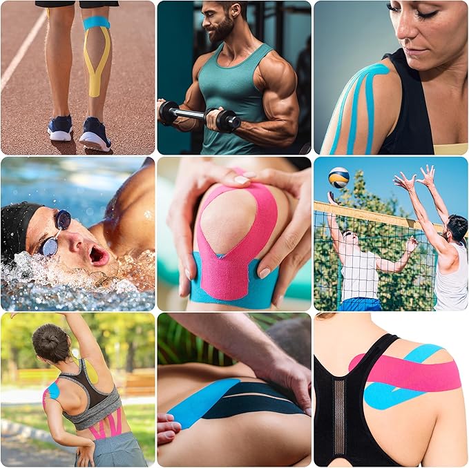 Superbe Precut Kinesiology Tape (3 Rolls Pack), Elastic Sports Tape for Pain Relief, Muscle Support, Recovery and Physio Therapy, Breathable, Waterproof (Beige Blue Pink)