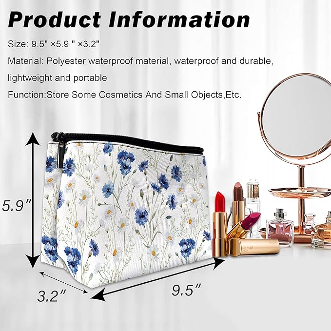 Daisy Makeup Bag Blue Cornflower Cosmetic Bag for Women, Travel Small Pouch for Toiletries, Water Resistant Gift 9.5×5.9 Inch