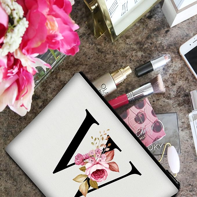 Vavabox A-Z Personalized Makeup Bag, Birthday Gifts for Women Mom, Gifts for Best Friend, Bride Bridesmaid Cosmetic bag (W, White)