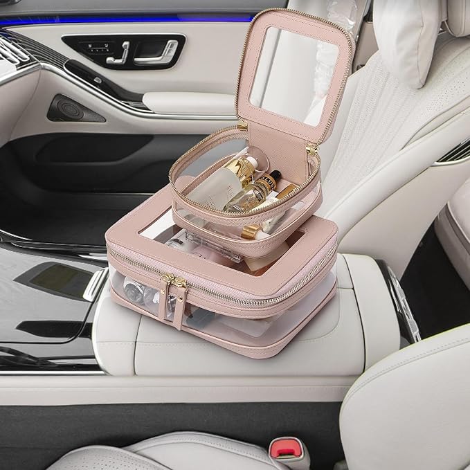 Clear Makeup Bag with Zipper Waterproof Travel Makeup Set for Cosmetics and Toiletries Women's Purse Organizer and Car Essentials (Pink, M+MINI)