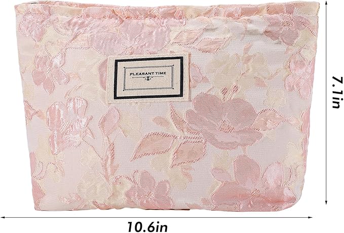 Flower Makeup Bag Travel Large Floral Cosmetic Bags for Women Cute Makeup Pouch Zipper Cosmetic Pouch for Purse Embossed Pink Aesthetic Make up Organizer Bag Portable Toiletry Bag