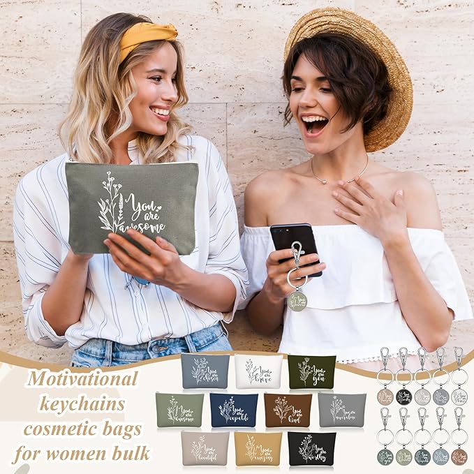 Sieral 20 Pcs Inspirational Gifts for Women Cosmetic Makeup Bags and Keychains Bulk with Inspirational Quotes Appreciation Gifts for Women Mom Nurse Teacher Graduation Employee(Aesthetics)