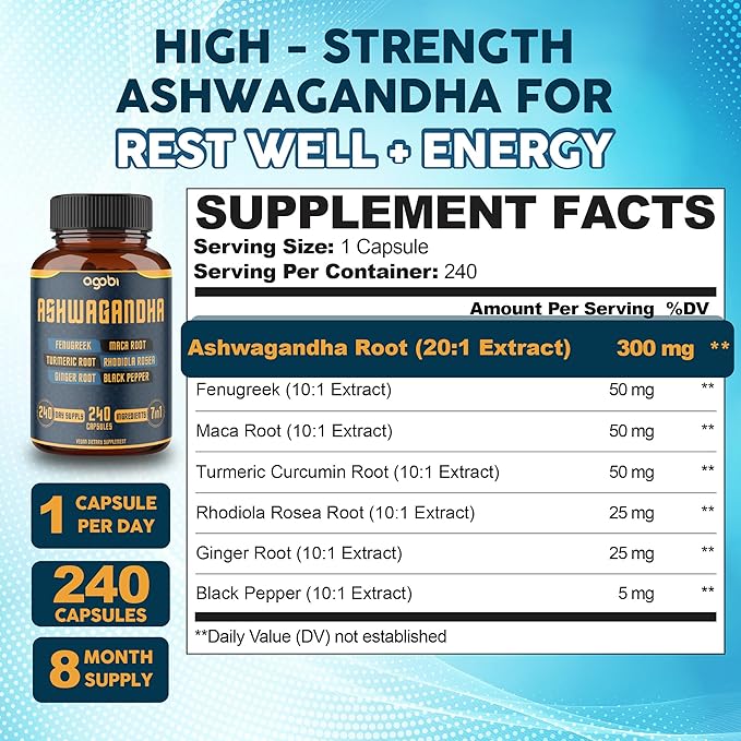 240 Capsules - 8 Month Supply - 7in1 Ashwagandha 8050mg - Combined with Fenugreek, Maca, Turmeric, Rhodiola, Ginger, and Black Pepper - Mood, Strength, Spirit and Energy Support Supplement