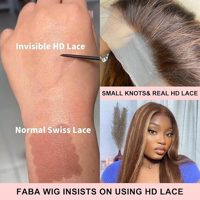 FABA Highlight Lace Front Wig Human Hair 32 Inch #4/27 Colored Lace Front Wig 13x4 HD Straight Human Hair 180% Density Ombre Brown with Human Hair Baby Hair