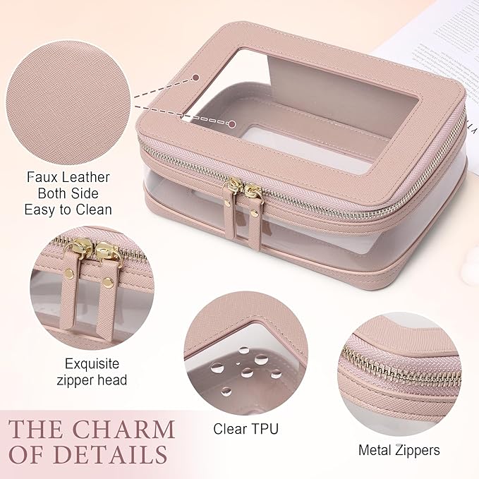Clear Makeup Bag with Zipper Waterproof Travel Makeup Set for Cosmetics and Toiletries Women's Purse Organizer and Car Essentials (Pink, M+MINI)