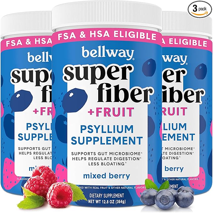 Bellway Super Fiber Powder + Fruit (3 Pack), Sugar Free Organic Psyllium Husk Powder Fiber Supplement for Regularity, Bloating Relief & Gut Health, Non-GMO, Plant-Based, Mixed Berry (150 Servings)