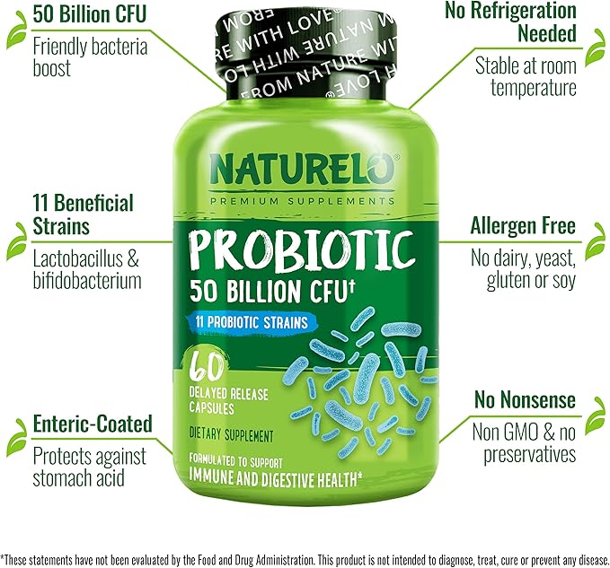 NATURELO Probiotics for Digestive Health - 50 Billion CFU, 11 Strains, Daily Use Supplement - Boosts Immune System, Delayed Release, No-Fridge, 60 Vegetarian Capsules (2 Pack)