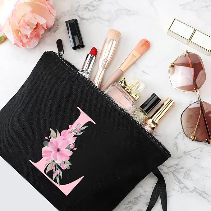 Vavabox A-Z Personalized Makeup Bag, Birthday Gifts for Women Mom, Gifts for Best Friend, Bride Bridesmaid Cosmetic bag (L, Black)