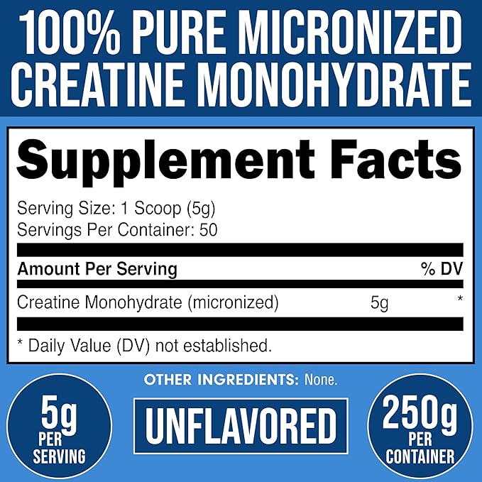 Bucked Up Creatine Monohydrate 250 Grams Micronized Powder, Essentials (50 Servings)