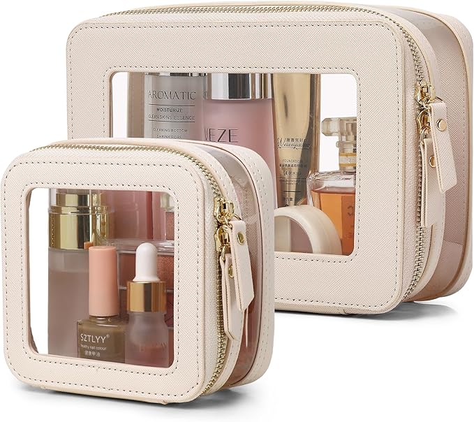 Clear Makeup Bag with Zipper Waterproof Travel Makeup Set for Cosmetics and Toiletries Women's Purse Organizer and Car Essentials (Beige, M+MINI)