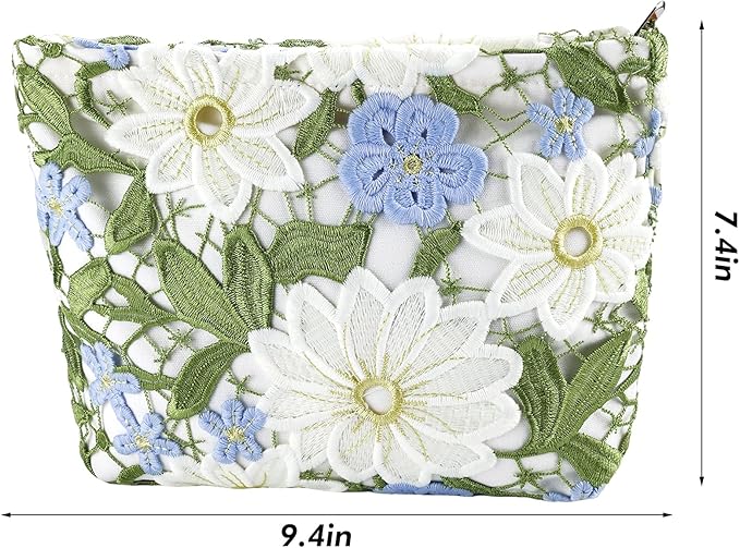 Flower Makeup Bags Travel Large Floral Cosmetic Bag for Women Cute Makeup Pouch Zippered Portable Toiletry Bag Lace Trendy Aesthetic Make up Organizer Bag Cosmetic Pouch for Purse