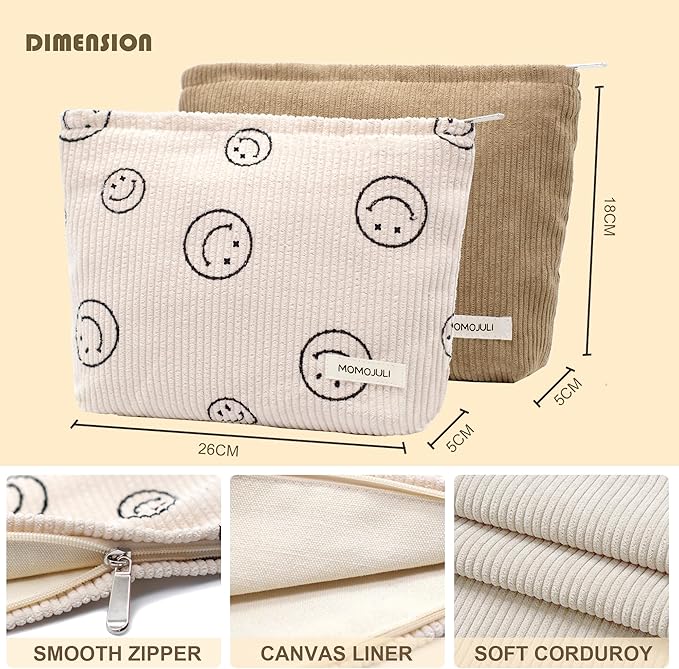 Corduroy Makeup Bag Cosmestic Bag Large Capacity Ladies Women Aesthetic Make Up Organizer Accessories Zipper Pouch Purse (Beige+Light Khaki)