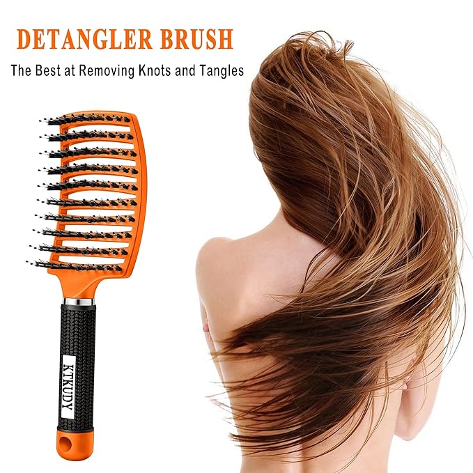 KTKUDY Detangling Brush Boar Bristles Hair Brush Make Hair Shiny & Healthier Curved and Vented Detangler Brush for Women Men Kids Wet and Dry Hair (Orange)