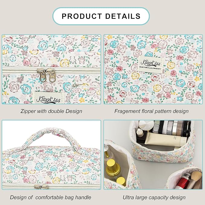 kingkiss Makeup Bag, Quilted Cosmetic Bag, Large Capacity Make Up Bag for Women, Cute Floral Storage Toiletry Bag Travel Storage Makeup Bag(Blue#2)
