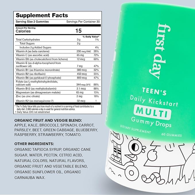 FIRST DAY Teens Daily Kickstart Multivitamin Gummies for Ages 14+ – Vitamins A, B1, B2, B6, E, B12, C, D3 & K2 + Zinc & Folate – Made w/Organic Fruits & Veggies, Only 2g Sugar – 2-Pk, 60 Day Supply