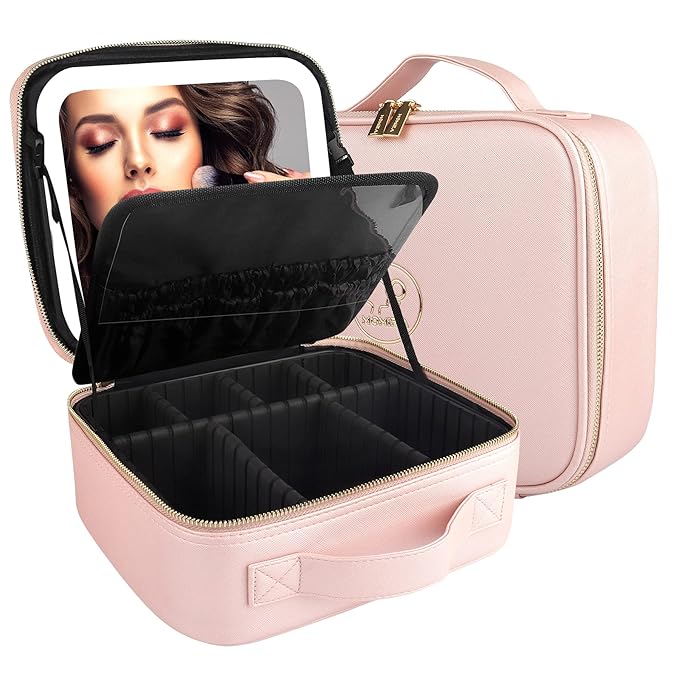 MOMIRA Travel Cosmetic Train Case with Lighted Mirror 3 Color Scenarios Cosmetic Bag Organizer with Adjustable Dividers Makeup Storage for Women, Makeup Accessories & Tools Case Phosphor
