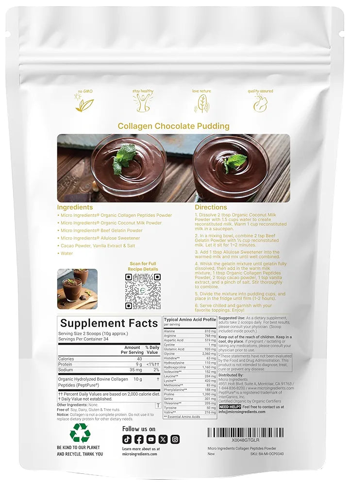 Micro Ingredients Collagen Peptides Powder Organic, 12oz | Type I & III + Natural Protein | Grass-Fed Bovine Source | Unflavored | Supports Skin, Joint & Bone Health | Paleo, Non-GMO