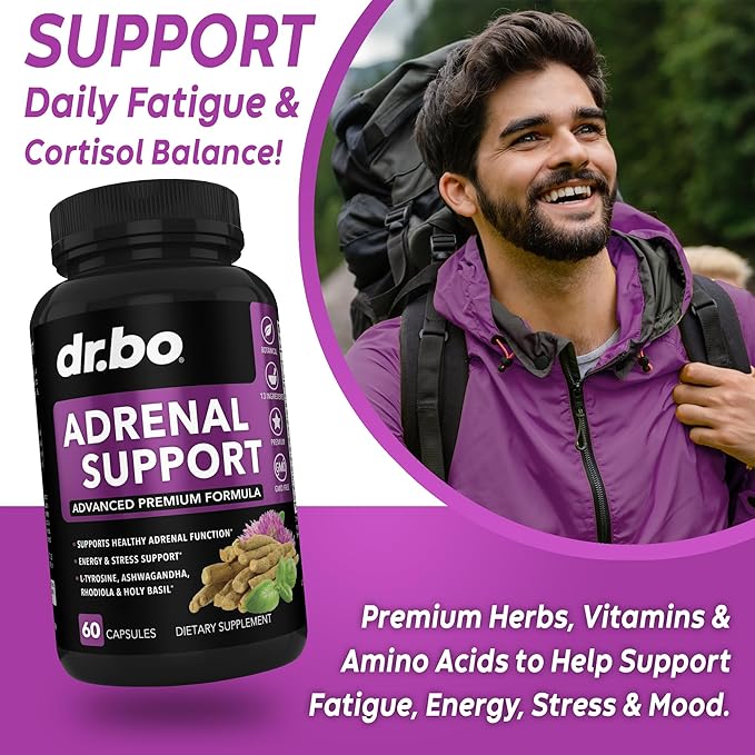 Adrenal Support Cortisol Manager Supplement - Adrenal Fatigue Supplements for Women & Men with Natural Adaptogen Ashwagandha Holy Basil Rhodiola L Tyrosine Complex Adrenal Cortisol Health - 60 Pills