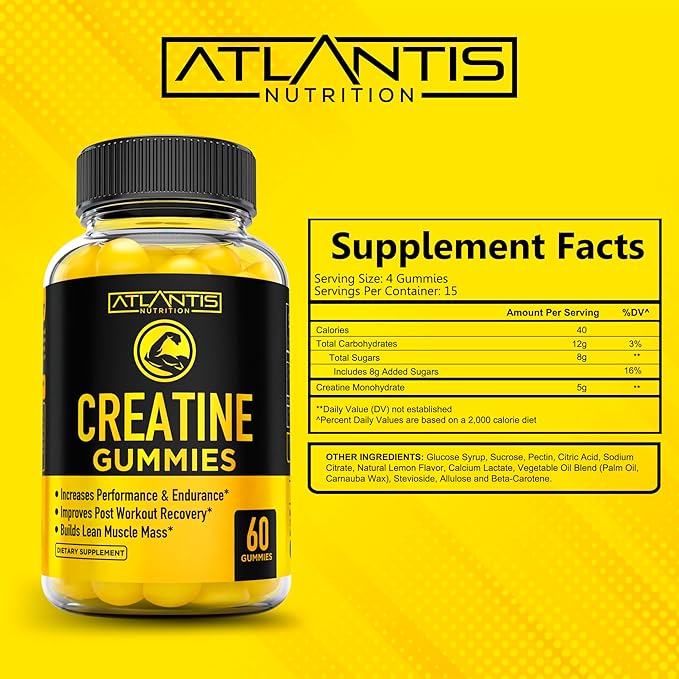 Creatine Monohydrate Gummies for Strength & Athletic Performance - 5g Creatine Per Serving - Creatine Chews to Build Muscle, for Performance & Post Workout Recovery - 60 Creatine Gummies for Women/Men