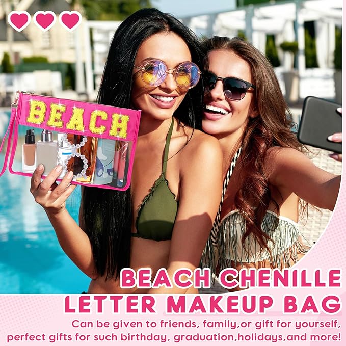 Hillban 2 Pcs Beach Makeup Bag Clear Cosmetic Toiletry Pouch Chenille Letter Patch Bags Preppy Summer Waterproof PVC Travel Purse Snack Portable Storage for Women