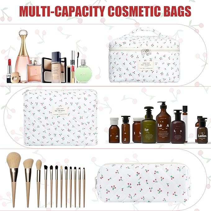 Quilted Makeup Bag Set, 3Pcs Large Checkered Corduroy Cosmetic Bags, Cute Coquette Makeup Bag Toiletry Zipper Pouch Bag for Women and Girls Checkered
