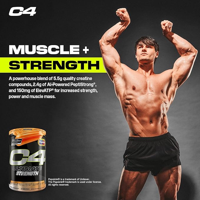 Cellucor C4 Ultimate Strength Pre Workout Powder - Tri-Stim Experience 300mg Caffeine+TeaCrine+Dynamine - Creatine & Beta-Alanine - Energy Supplement for Men & Women - Orange Popsicle, 20 Servings
