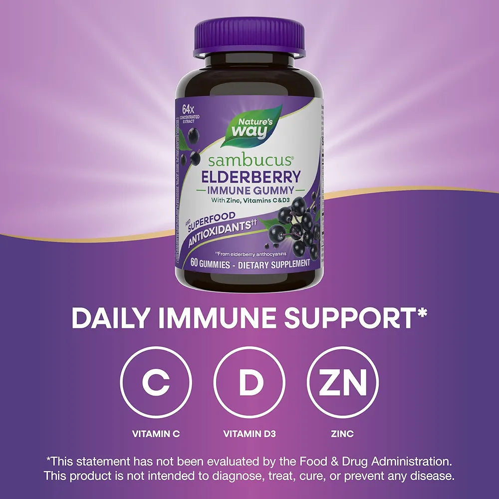 Nature’s Way Sambucus Elderberry Immune Support Gummies for Kids & Adults* with Black Elderberry Extract, Vitamin C, Vitamin D3, and Zinc, 60 Gummies
