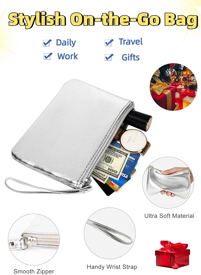 Small Makeup Bag for Purse Mini Cosmetic Pouch Zipper Little Wristlet, Tiny Make Up Organizer Lipstick Feminine Product Car Change Coin Holder for Women, 4.5 x 6.5 Clutch Stadium Approved, 1 Silver