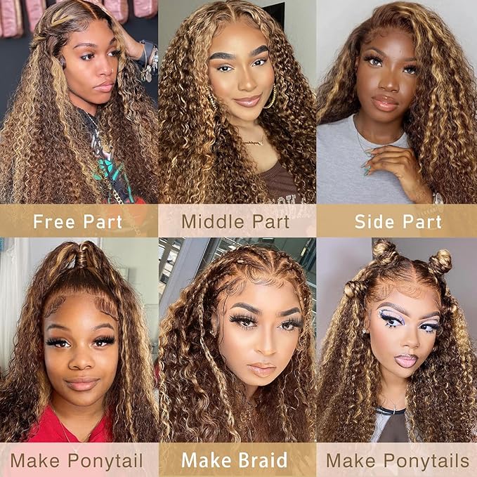 FABA Honey Blonde Highlights Lace Front Wigs Human Hair 28 Inch #4/27 Ombre Curly Human Hair Wig 180% Density Brown and Blonde for Women Highlight Deep Wave Human Hair Wig with Baby Hair