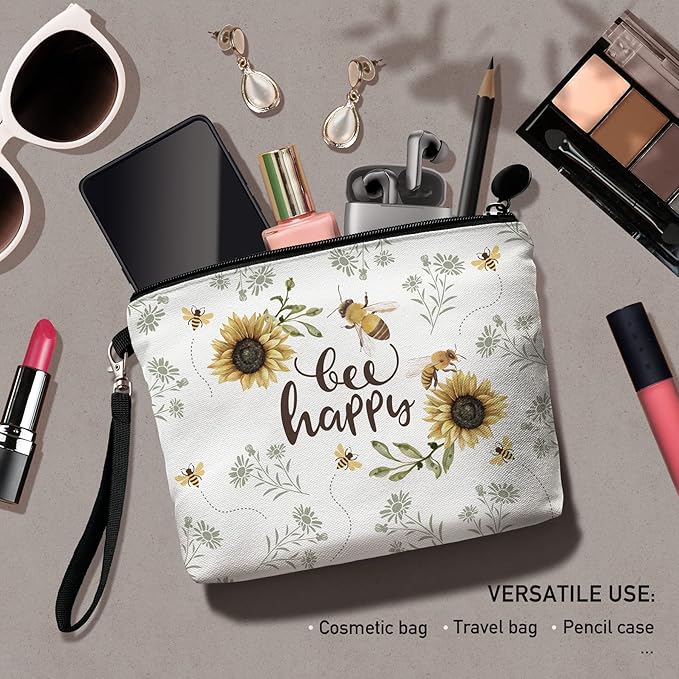 Hglian Bee Makeup Bag Inspirational Cosmetic Toiletry Organizer Bags Cute Sunflower Zipper Pouch for Purse Birthday Gifts for Women Girls-Bee Happy