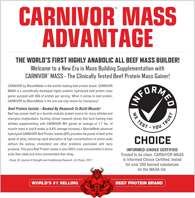 MuscleMeds CARNIVOR Mass Gainer Beef Protein Isolate Shake, 50 Grams Protein, 125 Grams Carbs, 0 Fat, 0 Sugar, Lactose Free, Halal Certified, Chocolate Peanut Butter, 6 Pound