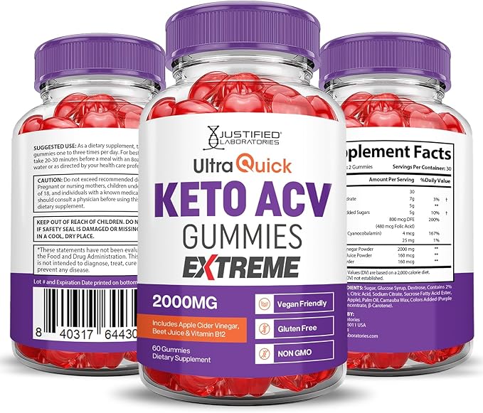 Ultra Quick Keto ACV Gummies Extreme 2000MG Ultraquick Keto Gummies Apple Cider Vinegar Formulated with Pomegranate Beet Juice Powder B12 Vegan Non GMO 60 Gummys