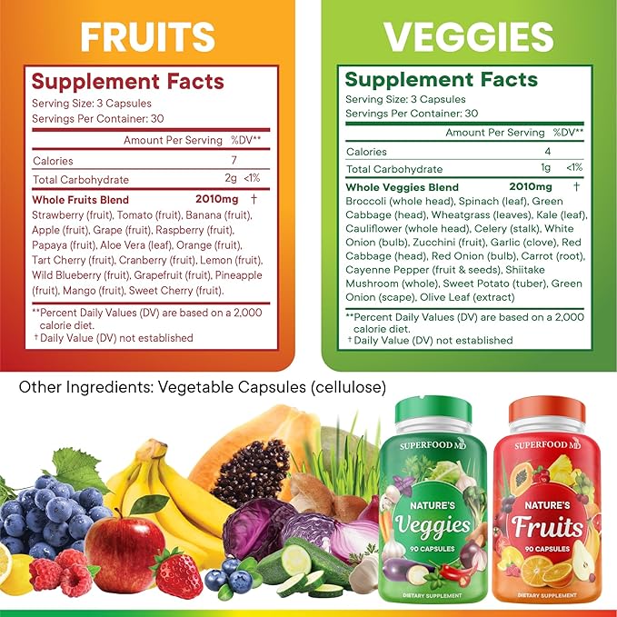 Superfood 180 Fruit and 180 Veggie Capsules -100% Whole Natural Superfood - Maintain Energy Levels, High Lycopene - Grown and Made in The USA (90 Count (Pack of 4)