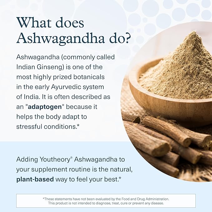 Youtheory Ashwagandha - 1,000 mg - Stress Support Supplement - Cortisol Support Supplement - Gluten, Dairy & Soy Free - 60 Vegetarian Capsules