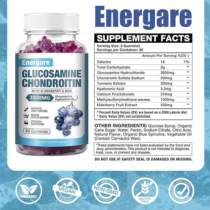 1 Pack 3000mg Glucosamine Chondroitin with MSM Gummies & Elderberry, Extra Strength Joint Support Health, Flexibility, Antioxidant, Immune Supplement Gummy for Adults, Men & Women 60 Counts